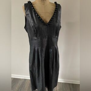 WD NY Womens Metallic Gray SZ 10 Fit Flare Linen Blend MIDI Beaded V-Neck Dress